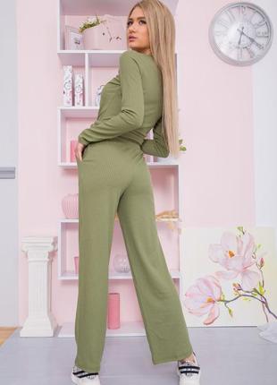 Зелёный костюм оливка брюки широкие демми укорочена кофта- s m l