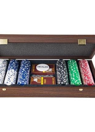 Набор для покера manopoulos poker (300 фишек по 11,50 г и 2 колоды игральных карт) в футляре из темного ореха