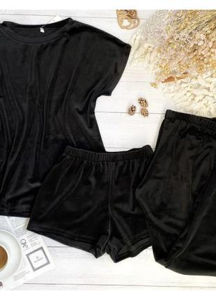Женская плюшевая пижама тройка футболка, штаны, шорты. женский плюшевый домашний костюм2 фото