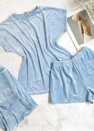 Женская плюшевая пижама тройка футболка, штаны, шорты. женский плюшевый домашний костюм8 фото