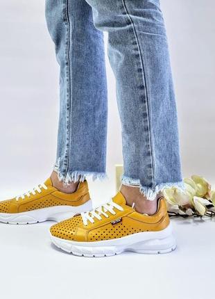 Кожаные кроссовки желтые3 фото