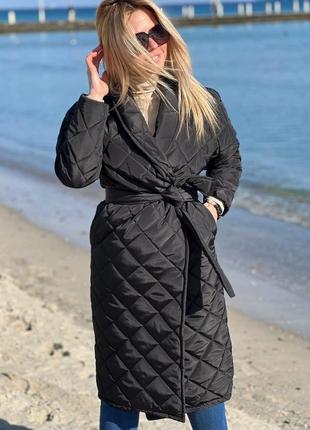 Женское куртка пальто длинное деми на синтепоне с поясом весна4 фото