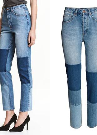 Mom fit jeans h&m 36-s,джинсы mom,голубые джинси мом с нашивками1 фото