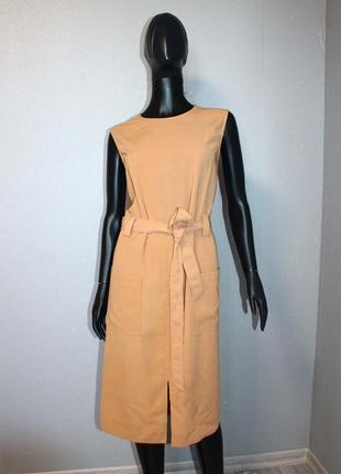 Базовое бежевое платье papaya с поясом карманы разрез спереди карамельна міді сукня під пояс без рукавів6 фото