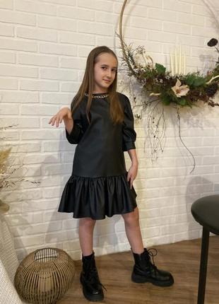 Платье детское нарядное черное, эко кожа, размер 1403 фото