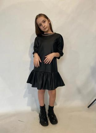 Платье детское нарядное черное, эко кожа, размер 1404 фото