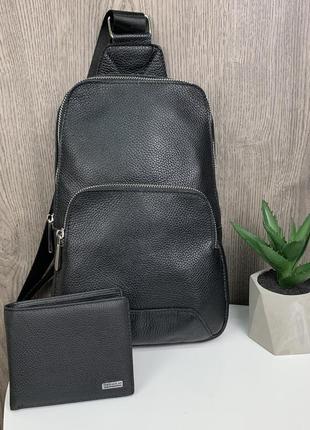 Подарунковий набір! чоловіча шкіряна сумка бананка на груди + гаманець портмоне з натуральної шкіри