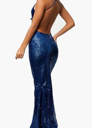 Шикарное синее яркое вечернее длинное макси блестящее платье в пол в паетках с открытой спиной4 фото