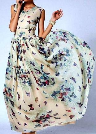 Нове повітряне бежева сукня з шифону в милих метеликах fll