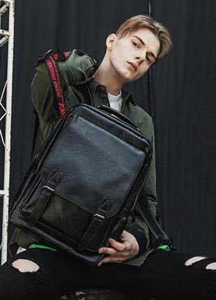 Мужской кожаный городской черный деловой офисный рюкзак портфель сумка для ноутбука6 фото