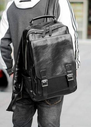 Мужской кожаный городской черный деловой офисный рюкзак портфель сумка для ноутбука7 фото