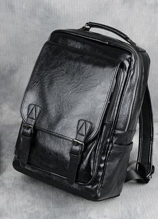 Мужской кожаный городской черный деловой офисный рюкзак портфель сумка для ноутбука