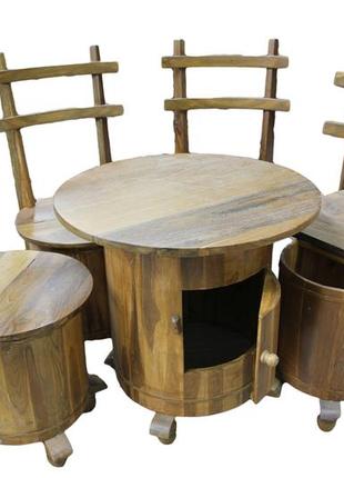 Стол круглый и стулья деревянные бочки (стол бар + 4 стула)