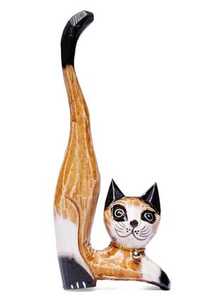 Статуэтка кот деревянный подставка для колец хвост вверх 20 см