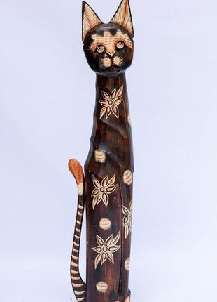 Статуэтка кошка деревянная расписная в цветочек с хвостом,высота 1м1 фото