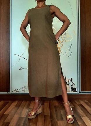 Cтильный натуральный сарафан миди на пуговицах цвета хаки лен+хлопок от r