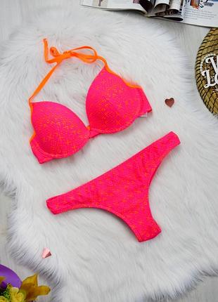Купальник роздільний з чашками яскравий рожевий помаранчевий ажурний