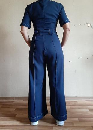 Базовый легкий синий комбинезон с широкими брюками5 фото