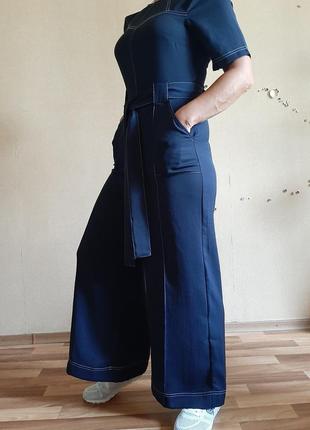 Базовый легкий синий комбинезон с широкими брюками7 фото
