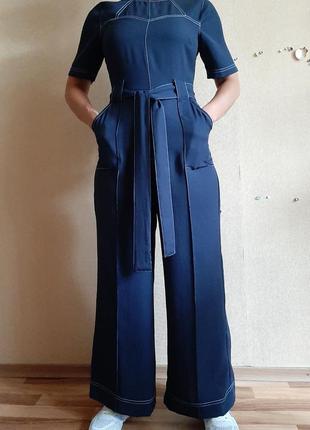 Базовый легкий синий комбинезон с широкими брюками4 фото