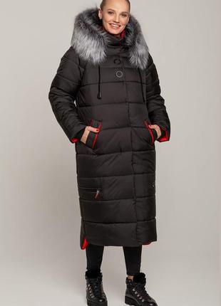 Зимнее пальто-куртка ниже колена черное3 фото