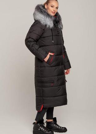 Зимнее пальто-куртка ниже колена черное6 фото