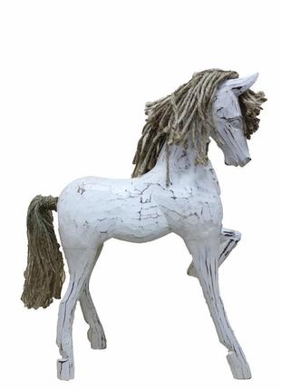 Статуетка дерев'яна конячка біжить білого кольору висота 35см1 фото