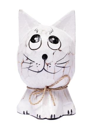 Статуэтка кот деревянный белого цвета одуванчик высота 8см