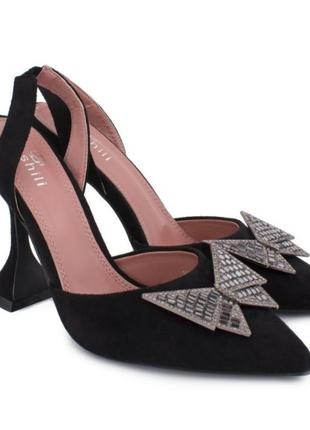 Туфли боссоножки экозамша на каблуке с бантом стразы