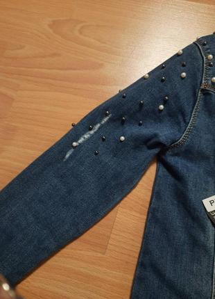 Подовжена джинсовці джинсовий жакет джинсова куртка-піджак з перлами4 фото