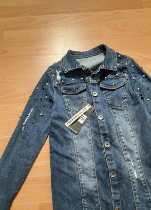 Подовжена джинсовці джинсовий жакет джинсова куртка-піджак з перлами3 фото