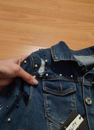 Подовжена джинсовці джинсовий жакет джинсова куртка-піджак з перлами2 фото