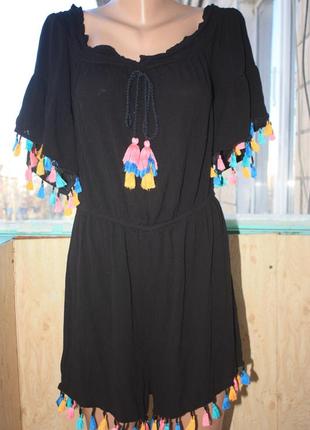 Стильный комбинезон с шортами ромпер с яркими кисточками бохо этно стиль