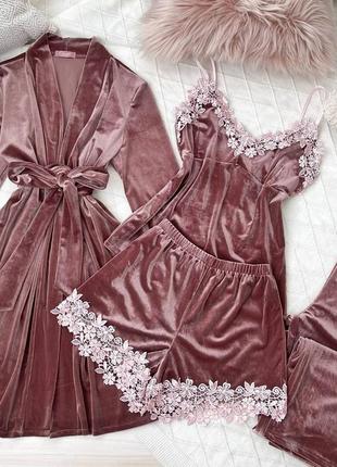 Женский шикарный комплект четвёрка из бархата. женский домашний комплект пижама и халат1 фото