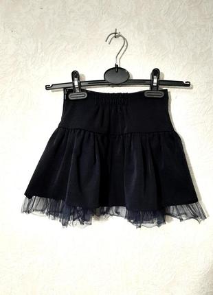 Симпатичная юбка чёрная короткая детская на кокетке синий рюш сетка на девочку 5/7 лет6 фото