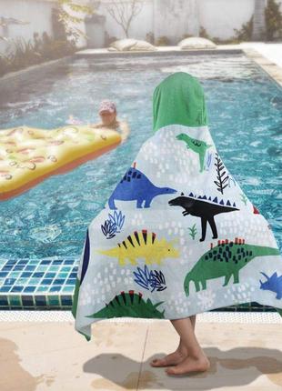 Дитячий пляжний рушник з капюшоном пончо (76 х127 см від 3-12 років) в басейн динозаврики4 фото