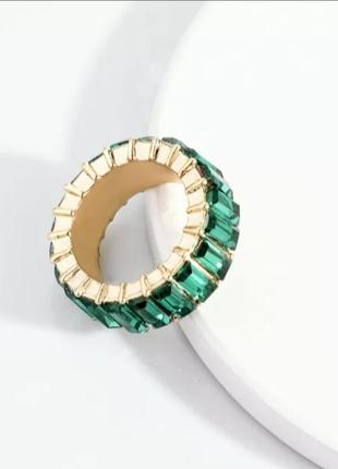 Кольцо женское цирконий камни золото кільце зелёное1 фото