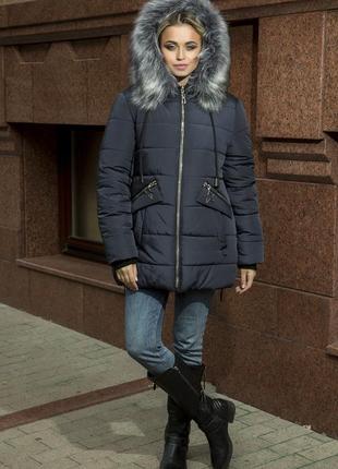 Теплая зимняя женская куртка в темно синем цвете6 фото