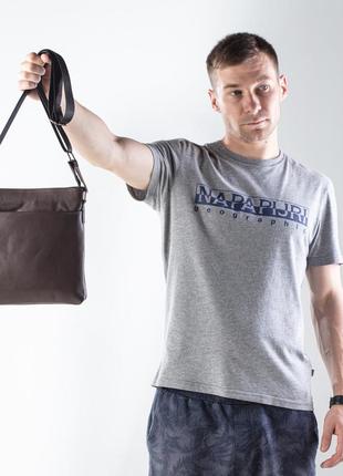 Чоловіча сумка планшетка через плече коричнева без бренду натуральна шкіра6 фото