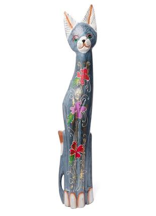 Статуэтка кошка деревянная голубая в цветах высота 60см