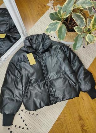 Курточка пуффер з шкірозамінника як zara