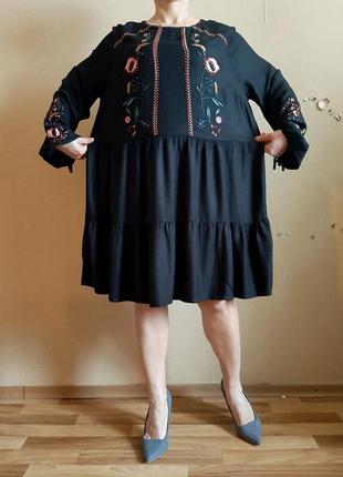 Натуральное черное ярусное платье с вышивкой 100% вискоза