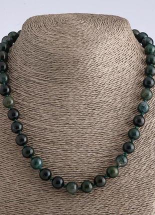 Бусы из натурального камня моховый агат гладкий шарик d-10мм l-50см