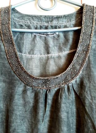 Легка сіра блузка з шовку+бавовна з декором з бісеру