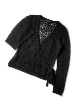 Вязаный шерстяной мохеровый короткий кардиган на запах узорчатый черный