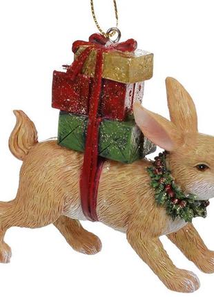 Новогодняя  подвеска заяц с подарками, 9.5см, цвет - светло-коричневый