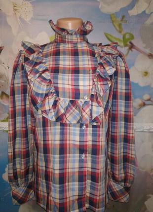 Винтажная блуза в клетку  с оригинальным воротом и рюшей bhs l10 фото