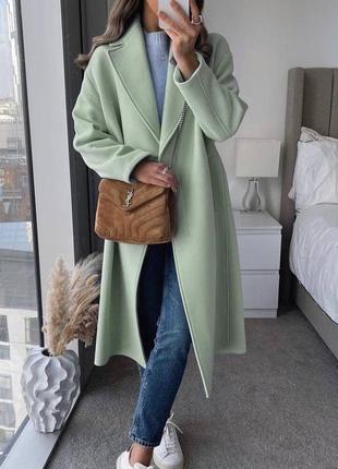 Жіноче осіннє пальто весняне під пояс з поясом з кишенями м'ятна світле кашемірове однотонне