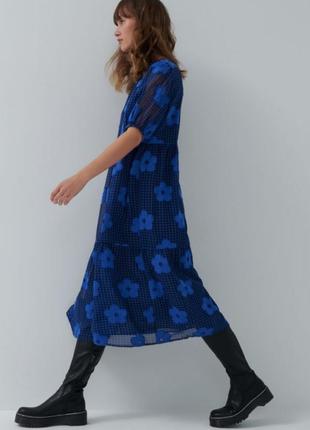 Платье миди цветы и клетку от house синий электрик