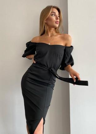 Платье-футляр миди с открытыми плечами2 фото